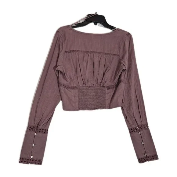 Free People Blouse Size S  Eyelet Lace Crop Top Purple Mauve Roan Rouge (13) - Picture 2 of 13